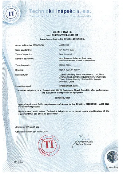 Certificação ADR (válvula de pé não balanceada por pressão)